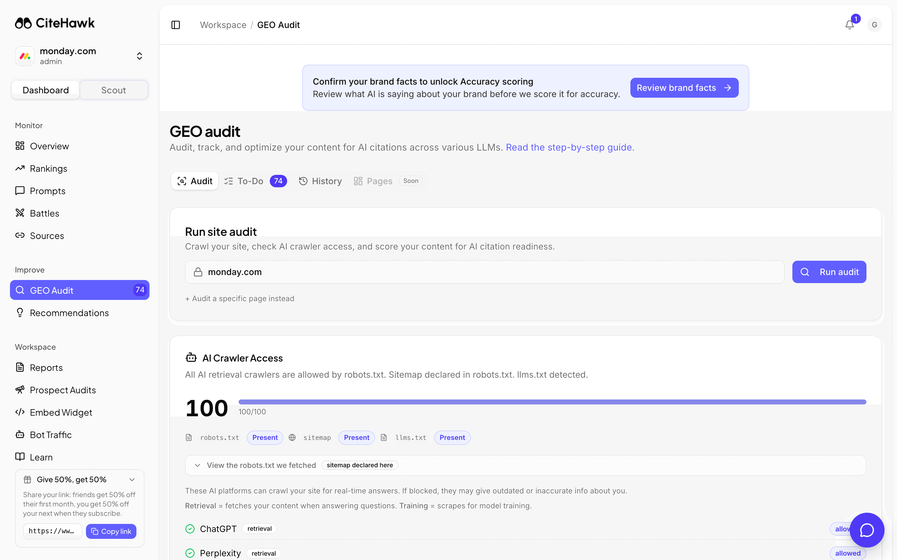 Screenshot: Open the GEO audit