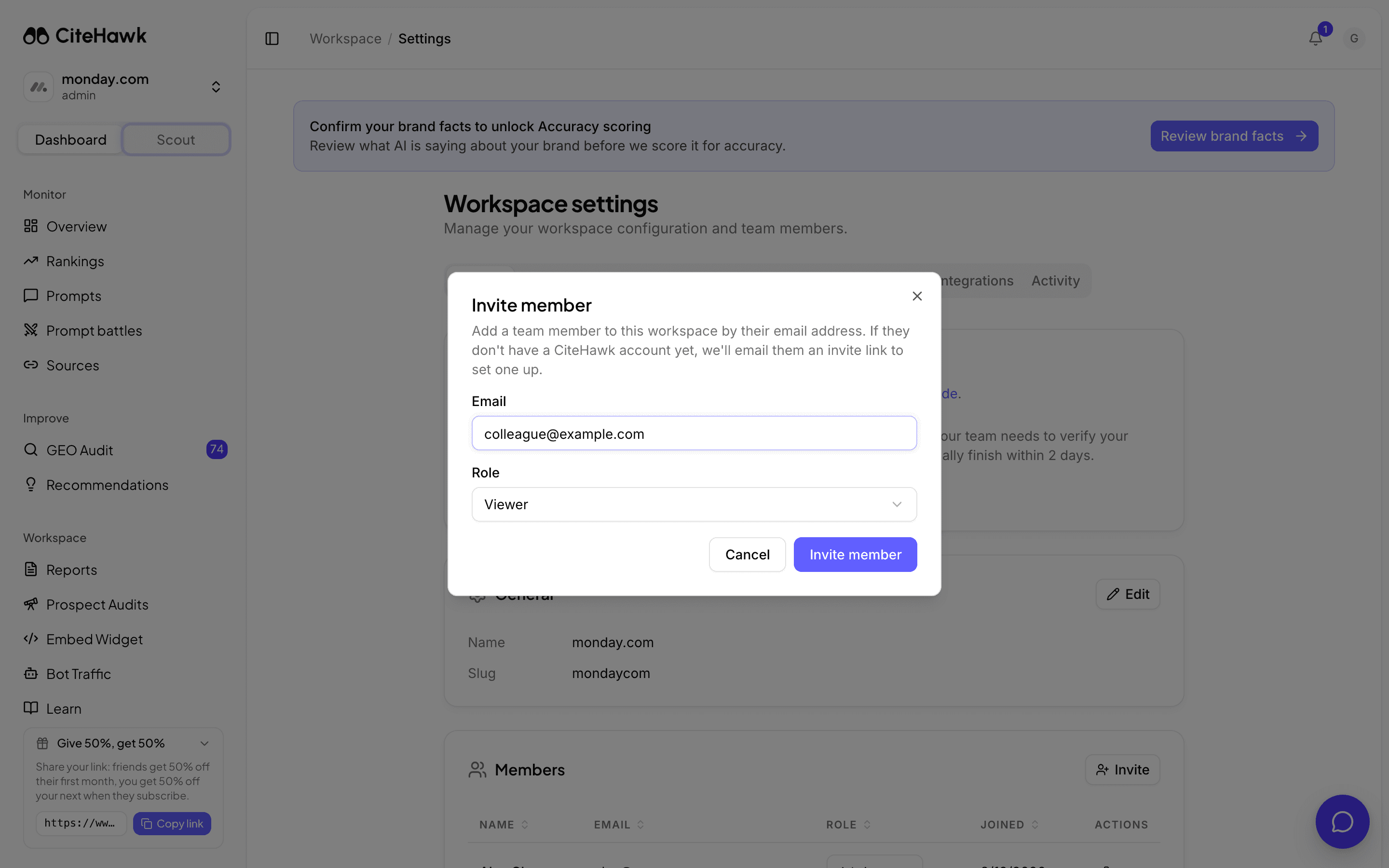 Screenshot: Invite a teammate by email