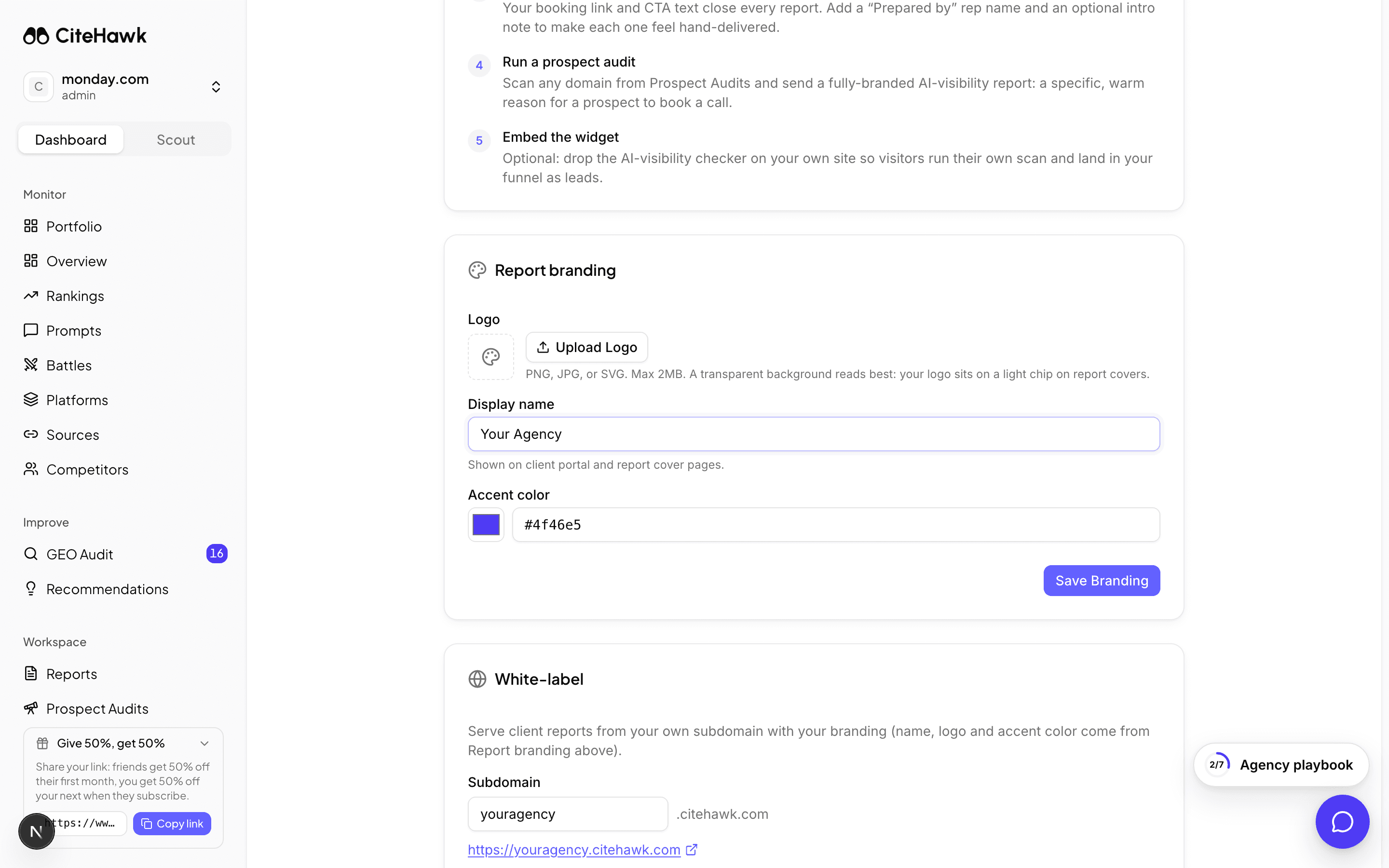 Screenshot: Set your report branding first