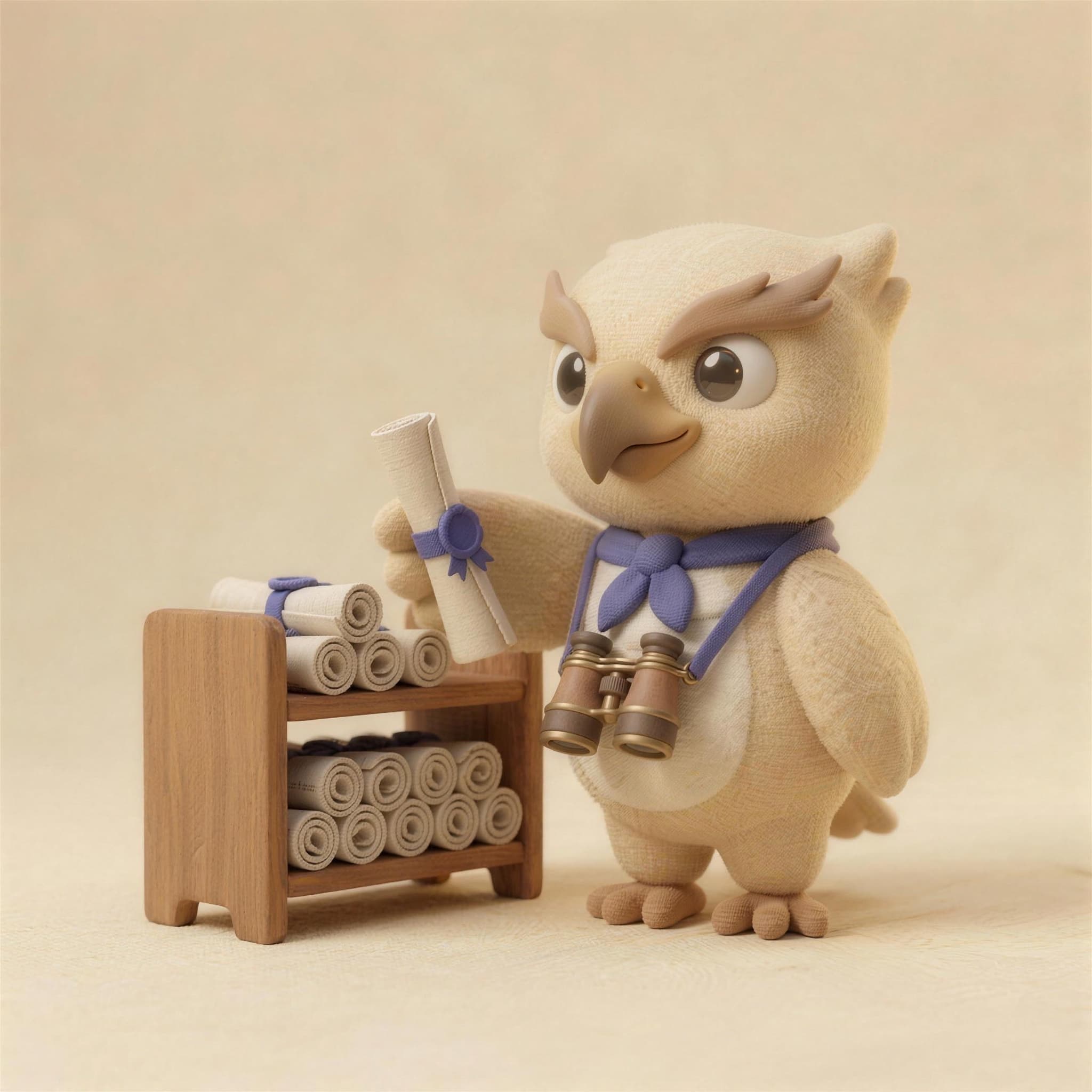 Scout filing rolled scrolls into a small wooden archive shelf on a cream felt field