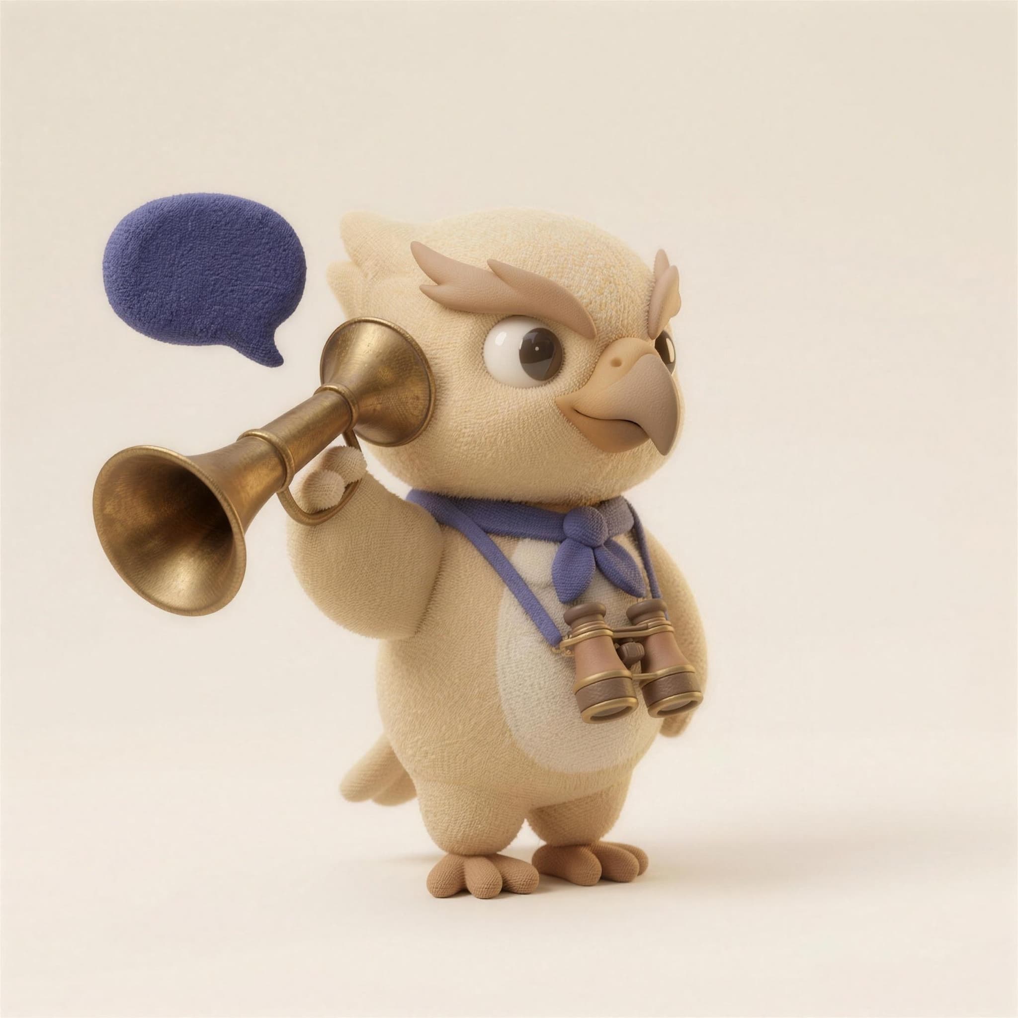 Scout listening through a brass ear trumpet as a felt chat bubble drifts in