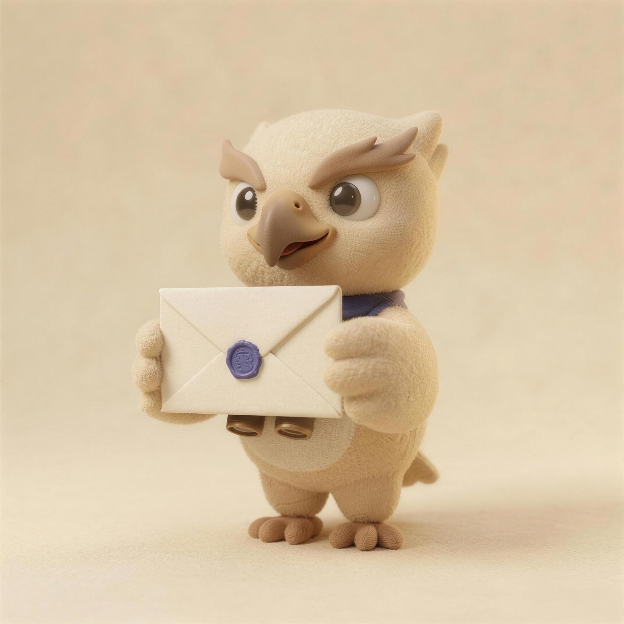 Scout the hawk holding a sealed envelope on a cream felt field