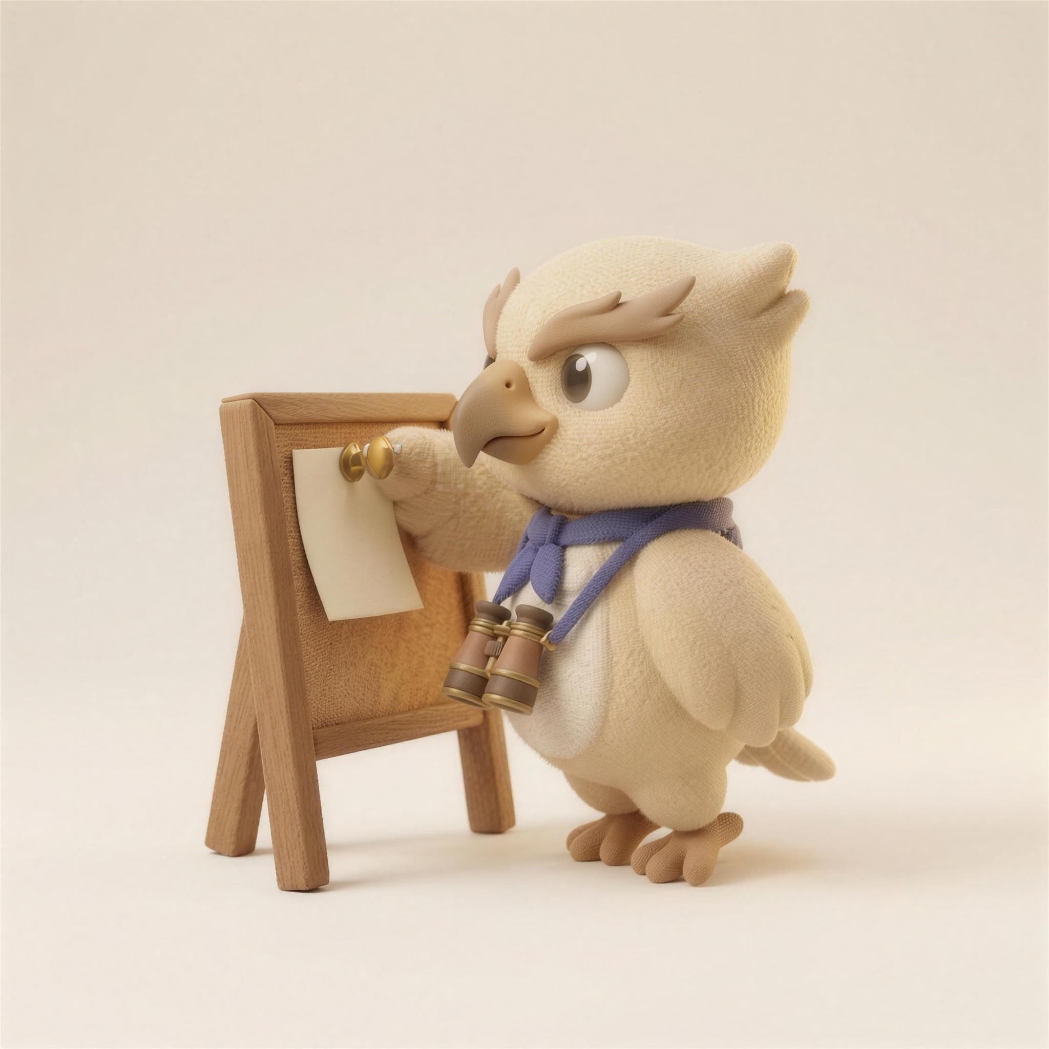 Scout the hawk pinning a note to a small cork board on a cream felt field