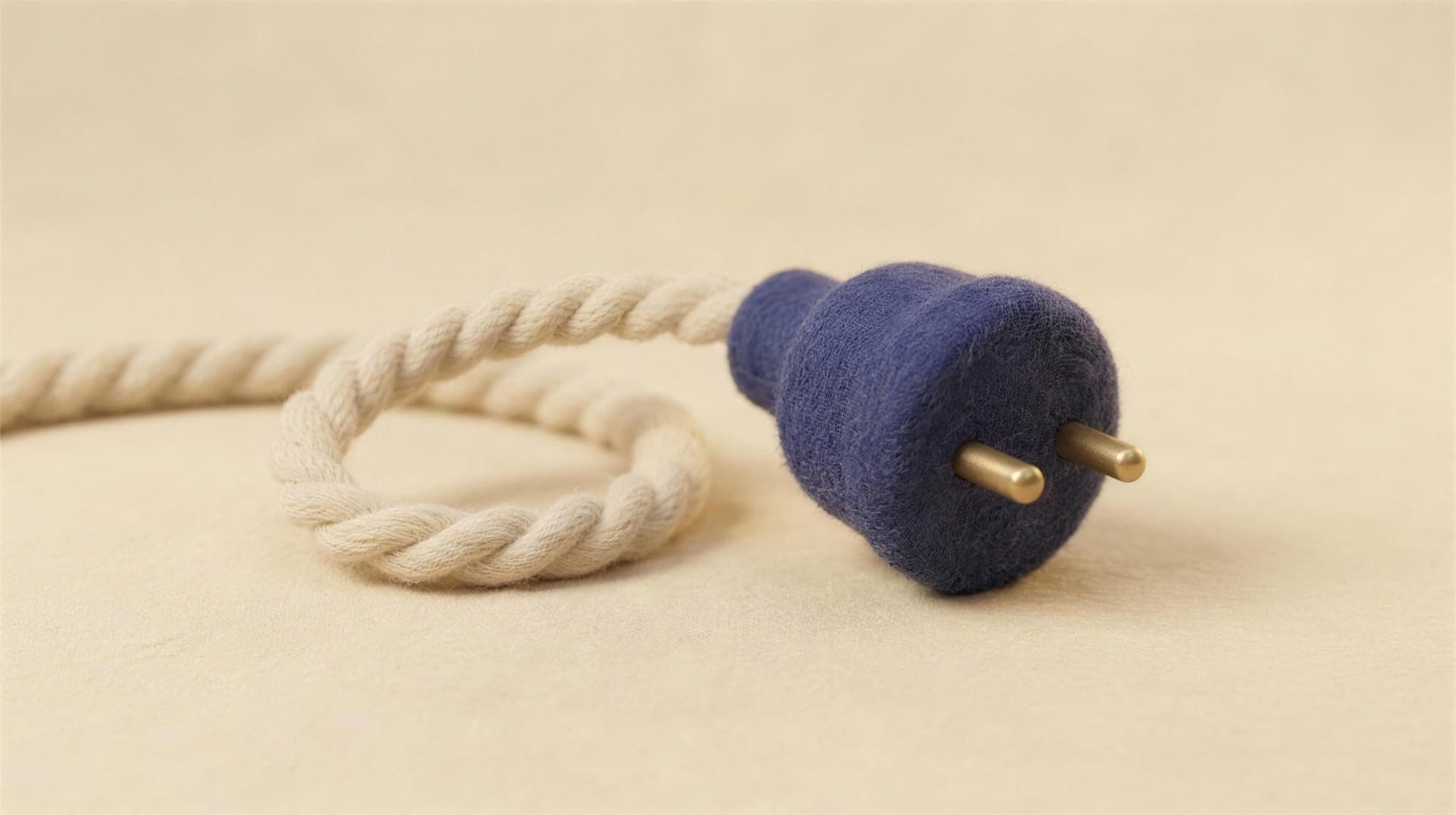 A felted indigo plug with its cream cable, ready to connect
