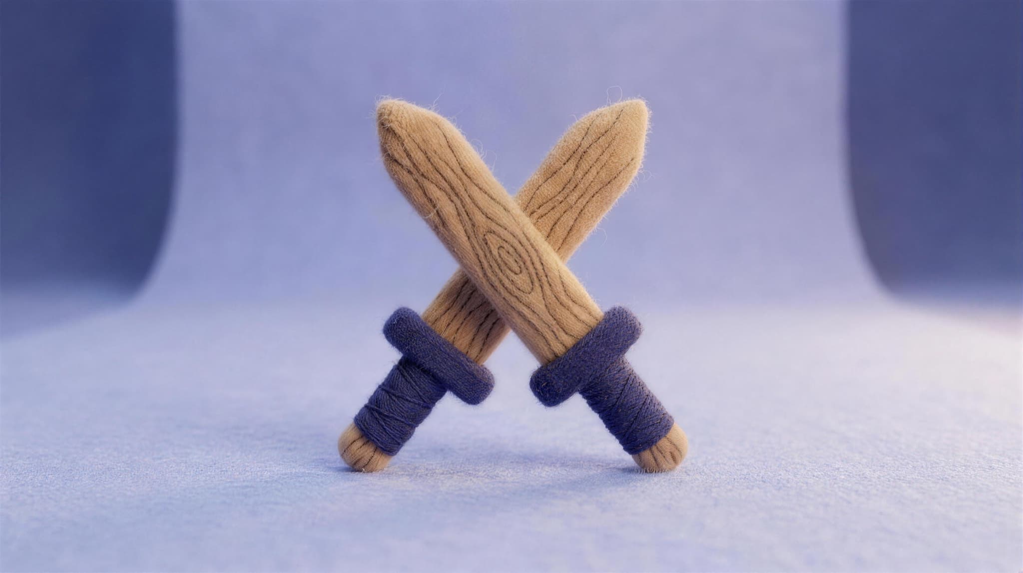 Two felted wooden swords crossed, pitches won