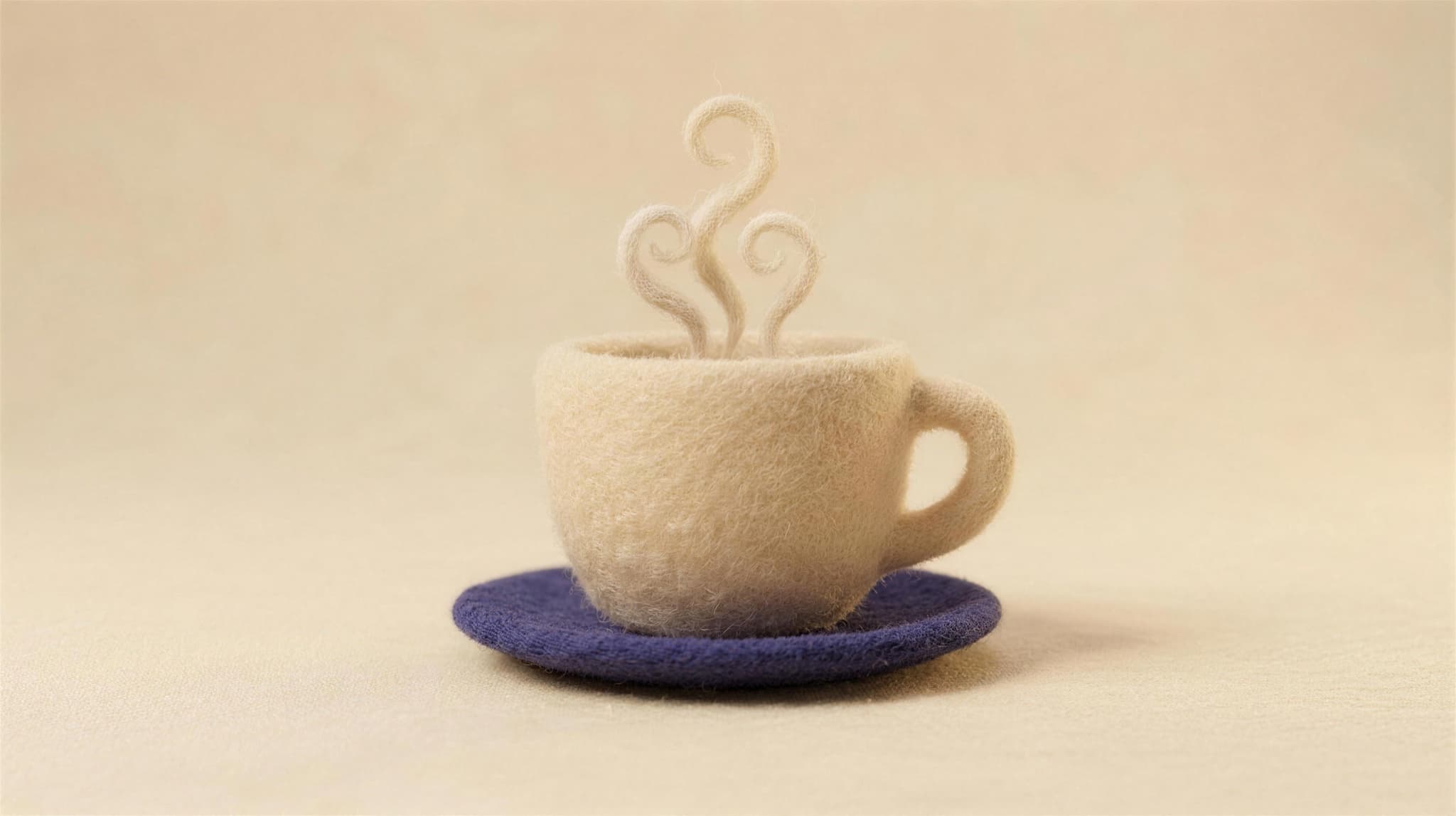 A cream felt teacup steaming gently, the watching handled for you