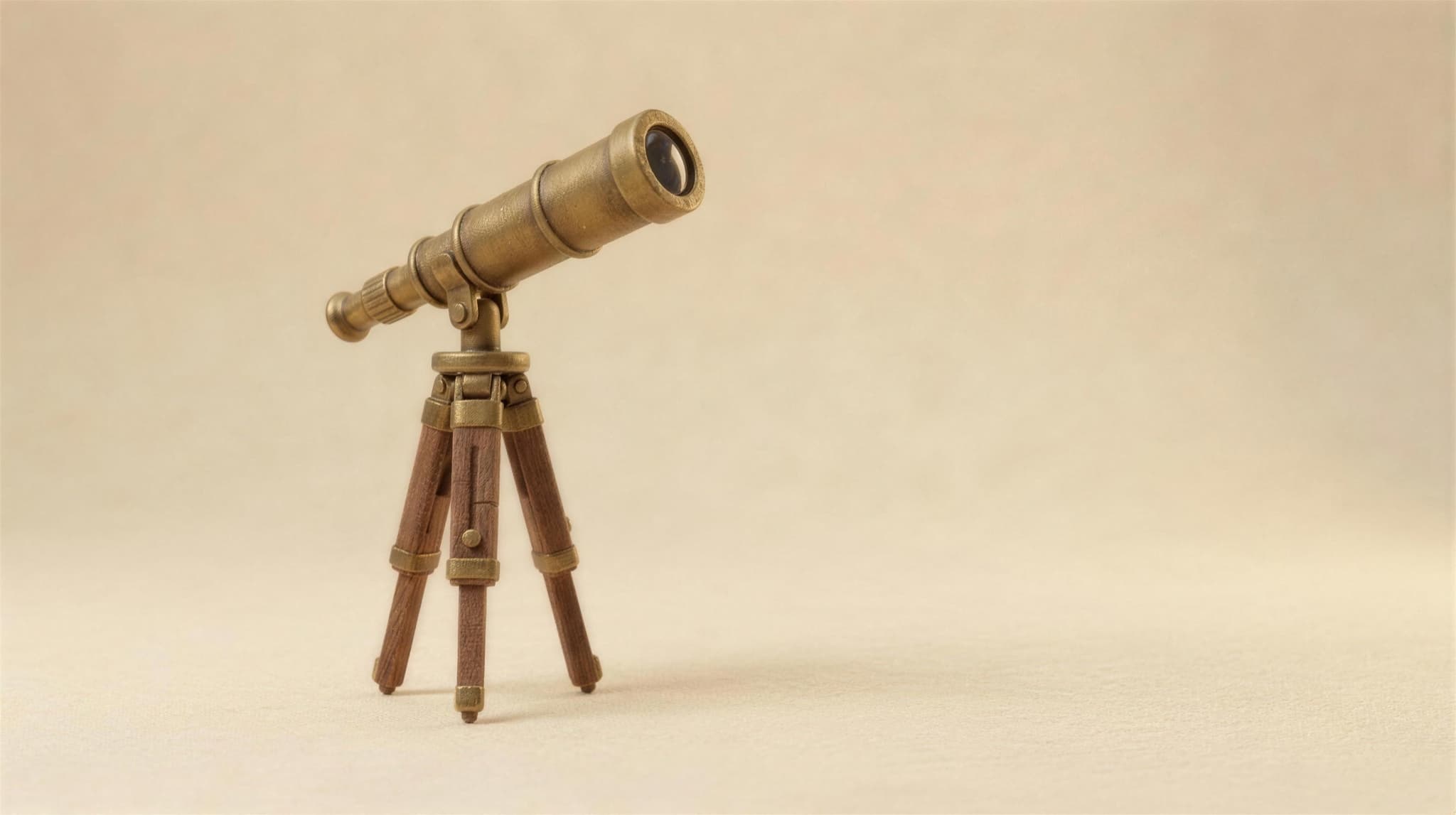 A brass telescope on a tripod, standing watch on a cream felt field