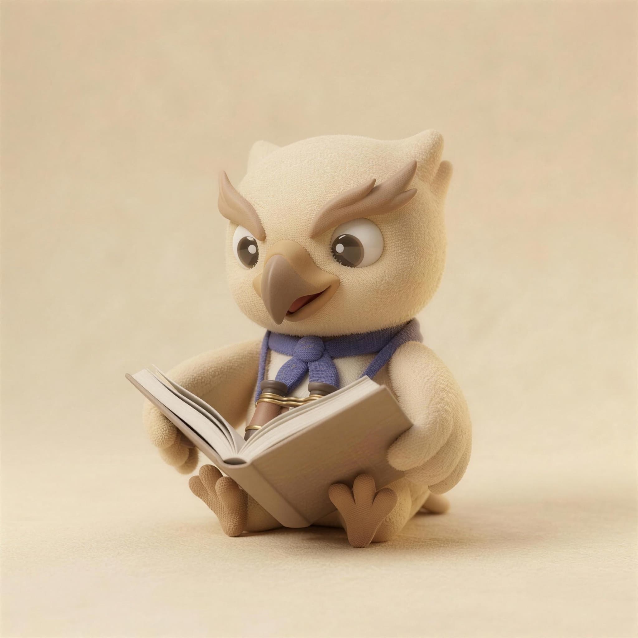 Scout the felt hawk sitting with an open book on a cream field
