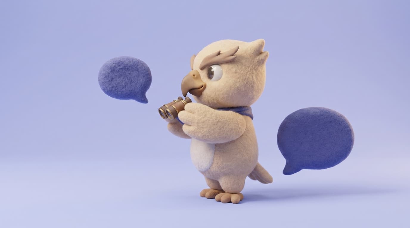 Scout the hawk watching one felted speech bubble while another floats unseen behind him