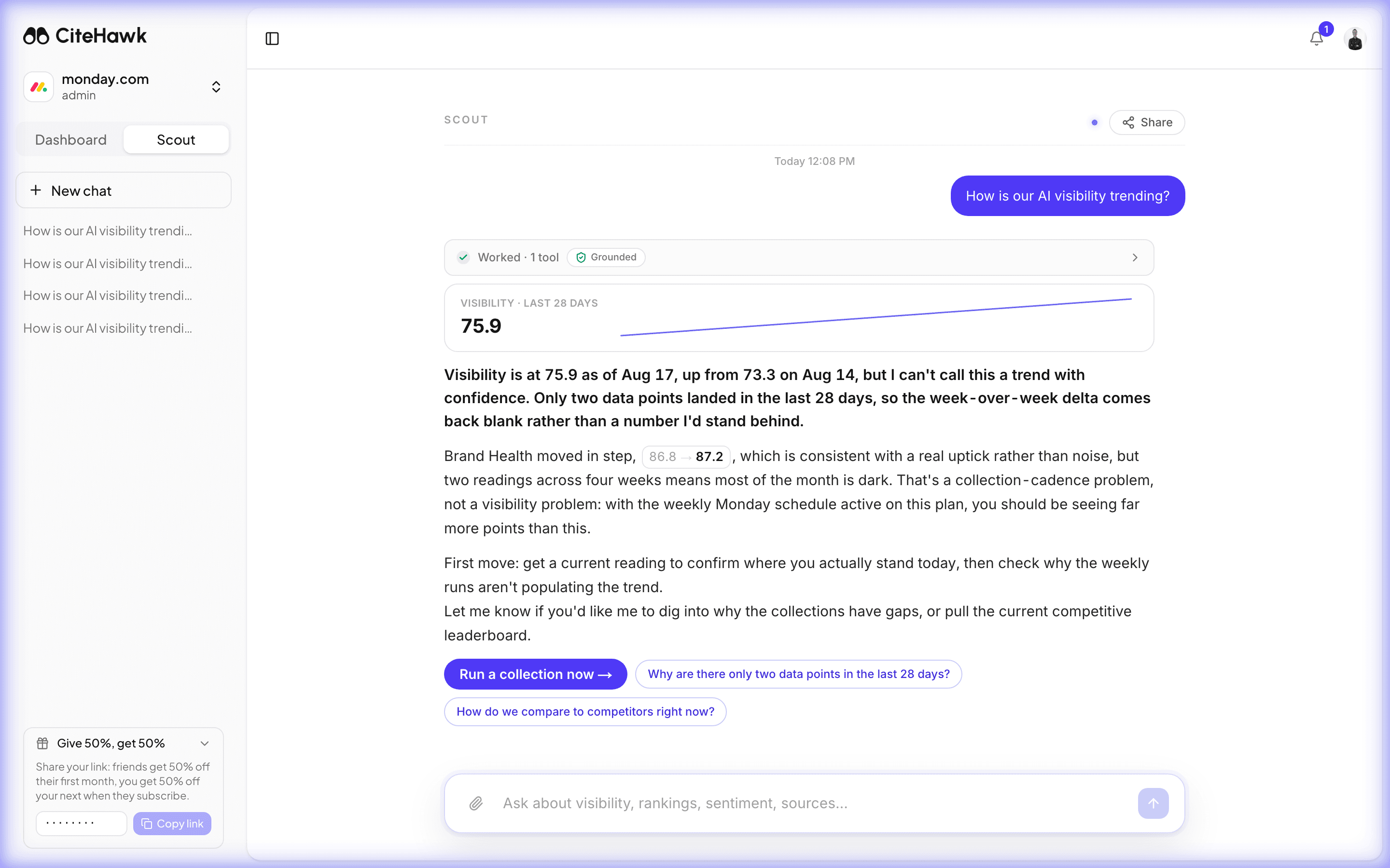 Scout answering a visibility question in the CiteHawk app, citing the AI responses behind the change