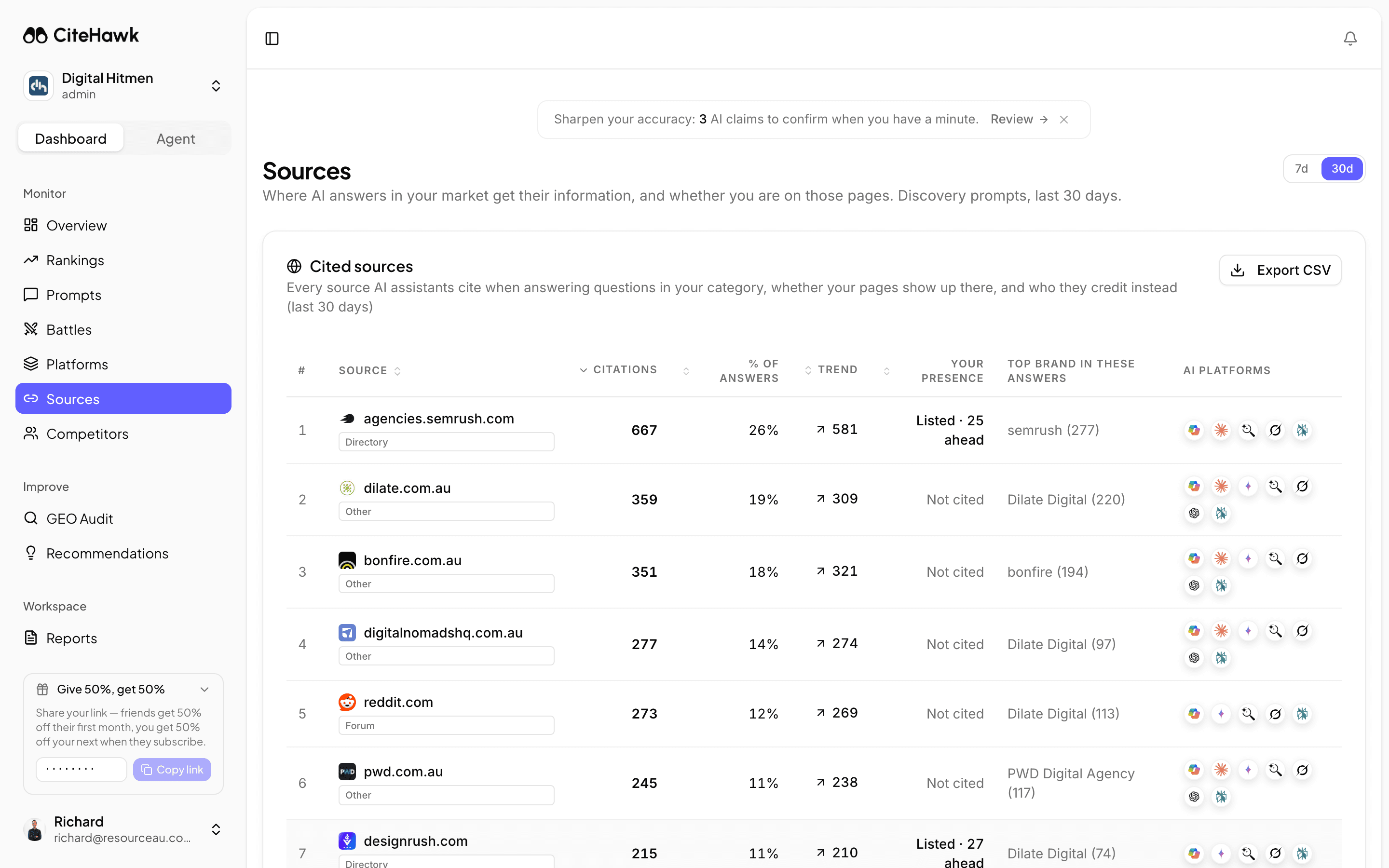 CiteHawk evidence panel showing the AI responses behind a metric