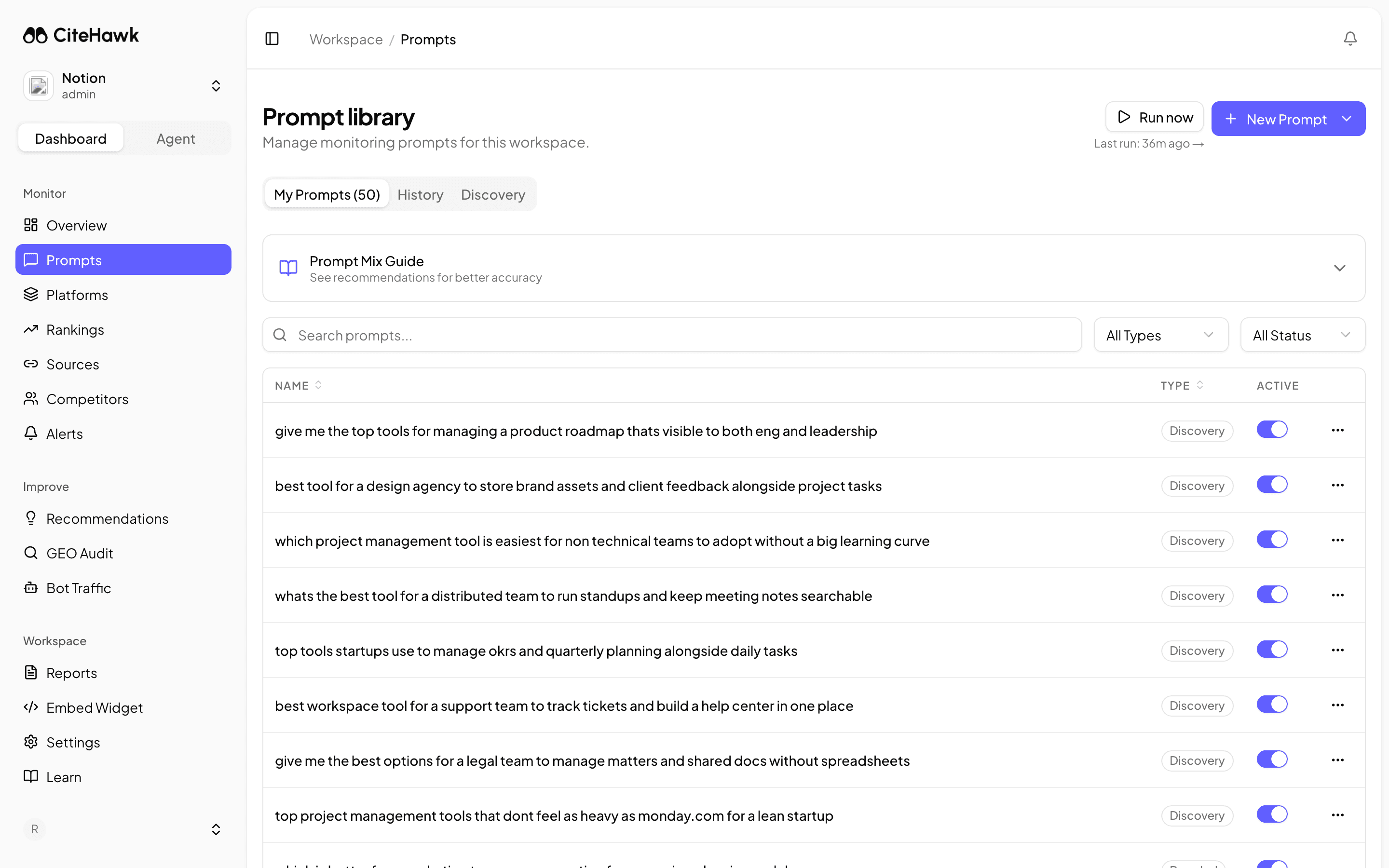CiteHawk prompt library with discovery and branded prompt types