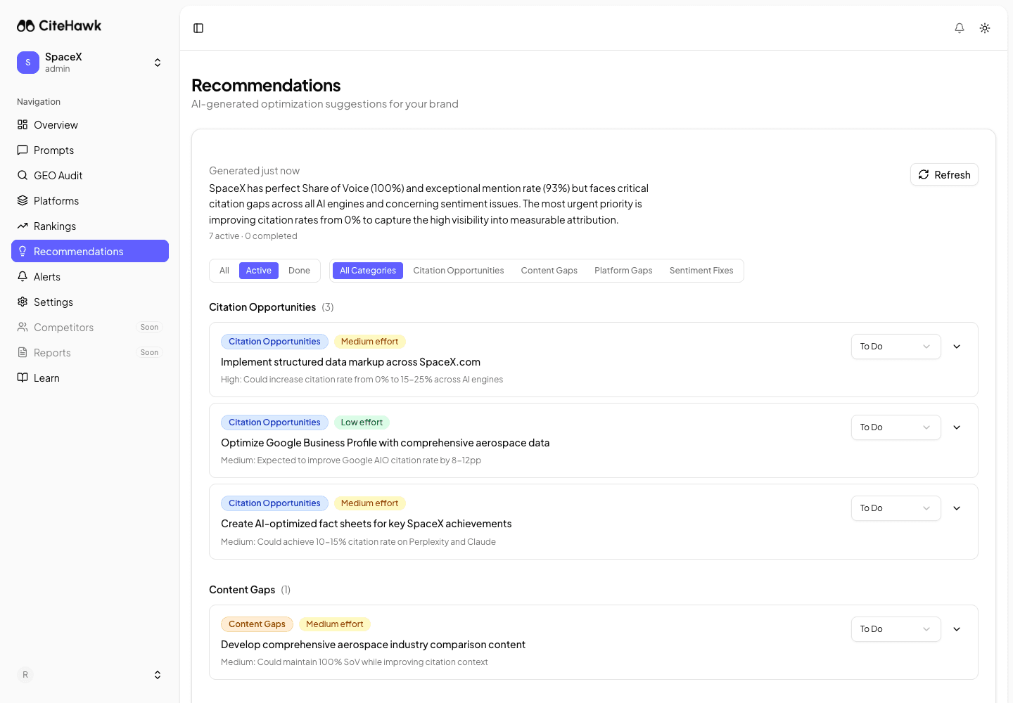 CiteHawk action items showing prioritized recommendations to improve AI visibility