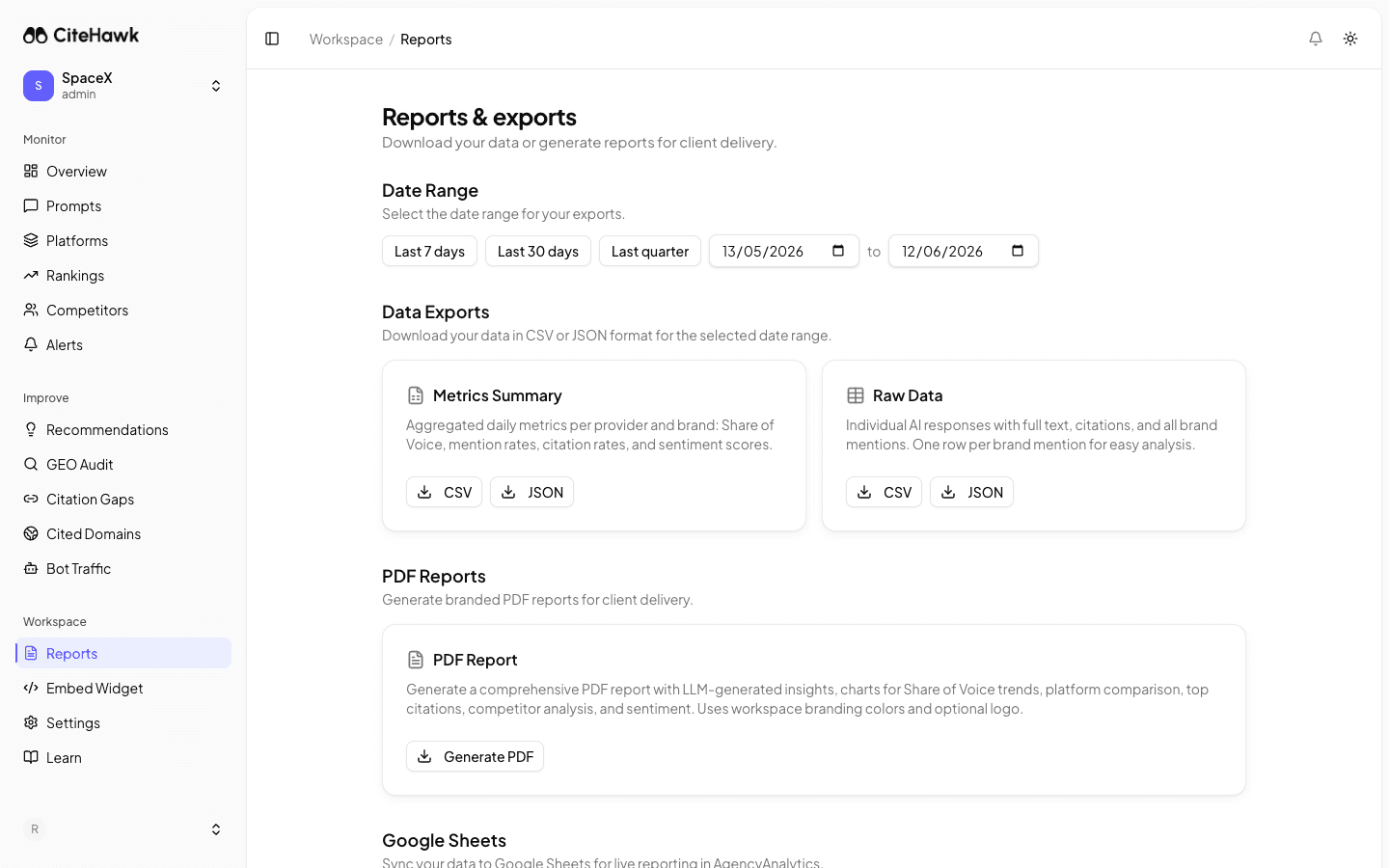 Branded PDF report with agency logo and AI Visibility Score