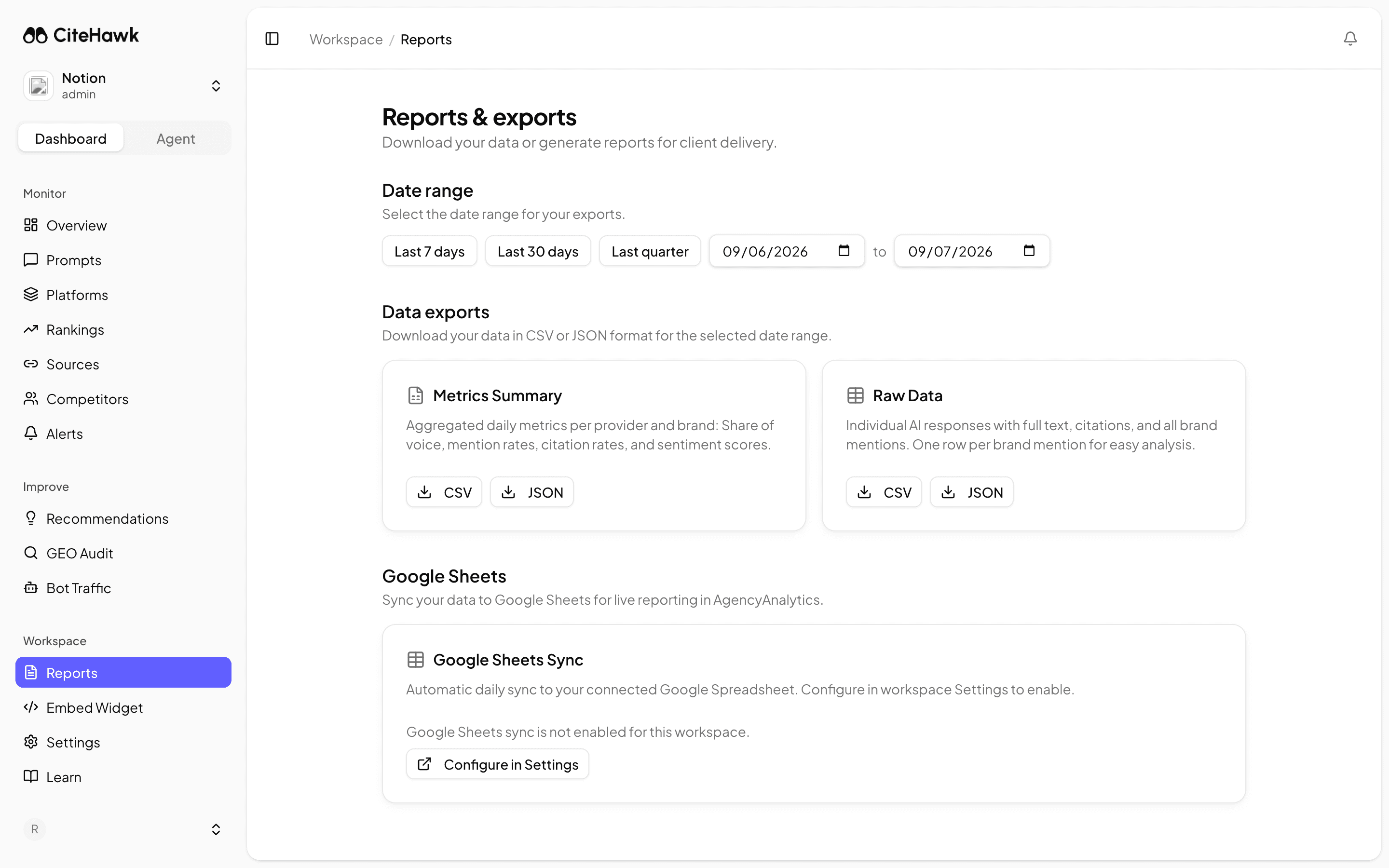 CiteHawk reports and exports page with CSV, JSON, and Google Sheets options