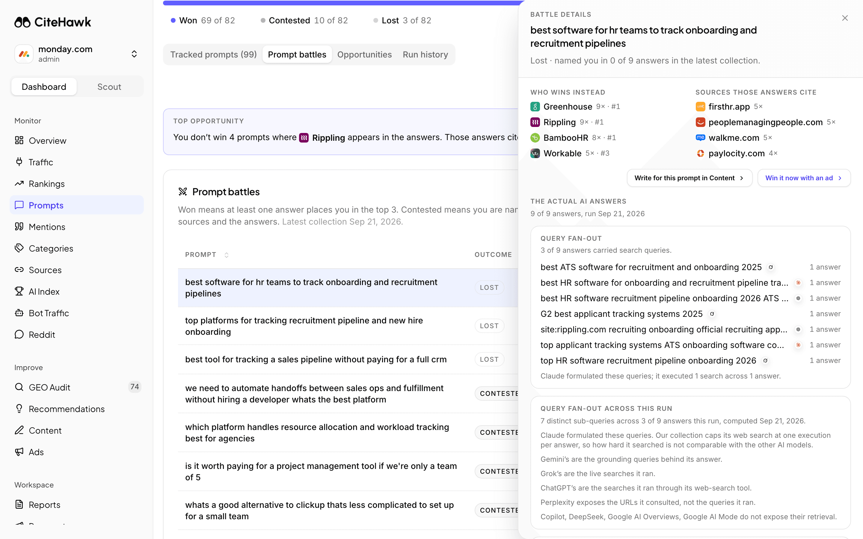 The Query fan-out panel in CiteHawk for one prompt: each sub-query the AI models issued, the model that issued it and how many answers carried it, with a note on what each model exposes
