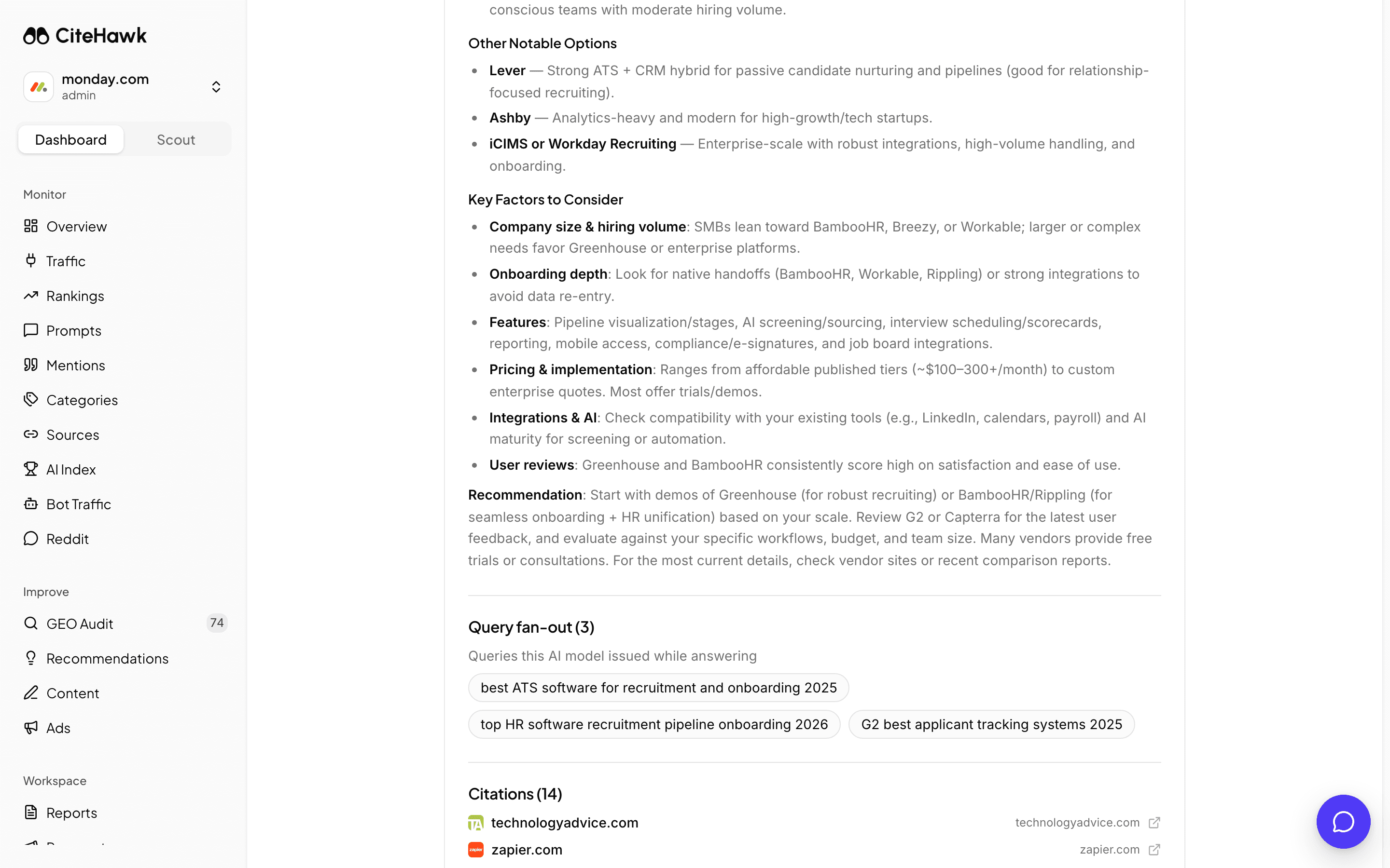 One stored AI answer in CiteHawk with its Query fan-out section: the three searches the model issued while answering, above the pages it cited