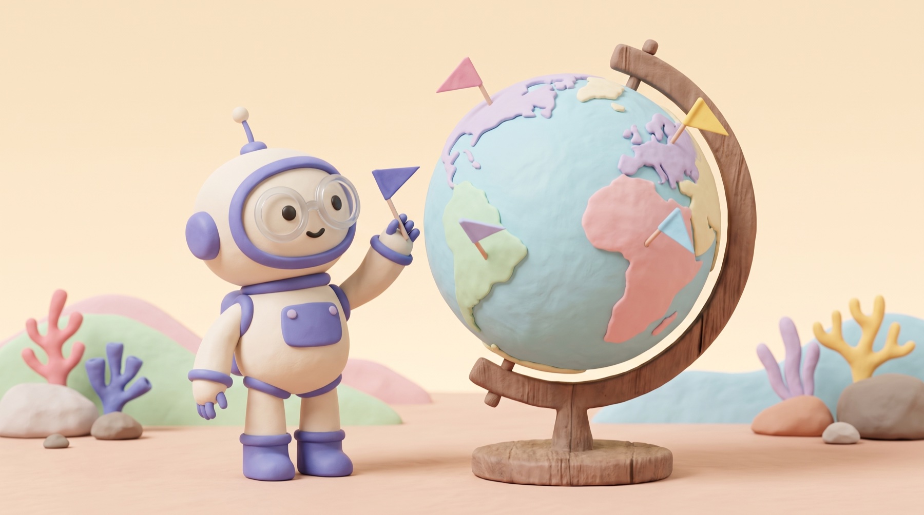 Scout with a globe, surrounded by monthly edition volumes